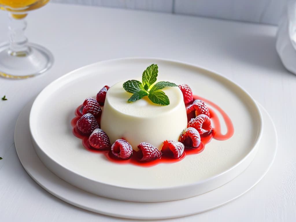  A closeup, highresolution image of a creamy panna cotta with a glossy raspberry agar agar topping, garnished with fresh mint leaves, on a sleek, white porcelain plate. The dessert is elegantly presented with a minimalist aesthetic, showcasing the smooth texture of the panna cotta and the vibrant color of the raspberry topping. The lighting is soft, highlighting the details of the dessert and creating a visually appealing and appetizing composition. hyperrealistic, full body, detailed clothing, highly detailed, cinematic lighting, stunningly beautiful, intricate, sharp focus, f/1. 8, 85mm, (centered image composition), (professionally color graded), ((bright soft diffused light)), volumetric fog, trending on instagram, trending on tumblr, HDR 4K, 8K