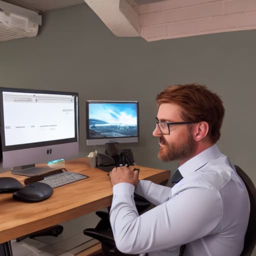  please generate a vector svg of a busy guy working on computer in his office and his table is full of papers and office files. hyperrealistic, full body, detailed clothing, highly detailed, cinematic lighting, stunningly beautiful, intricate, sharp focus, f/1. 8, 85mm, (centered image composition), (professionally color graded), ((bright soft diffused light)), volumetric fog, trending on instagram, trending on tumblr, HDR 4K, 8K