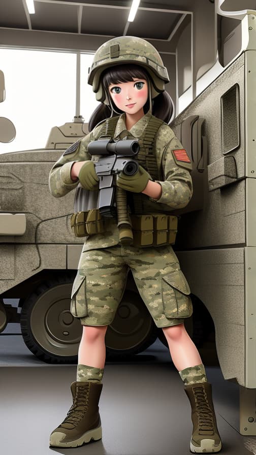 Commando two-headed U.S. soldier full equipment, camouflage color, machine gun, girl, cute.
