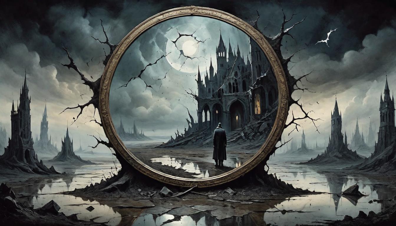  on parchment, surrealism+++, A broken mirror lying on the dark soil, reflecting a fragmented sky and a distorted, shadowy figure looming over it. Reflection of turmoil, shards of chaos, enigma in darkness, cracked beauty within turmoil(mysterious, provocative, symbolic,muted color)+++