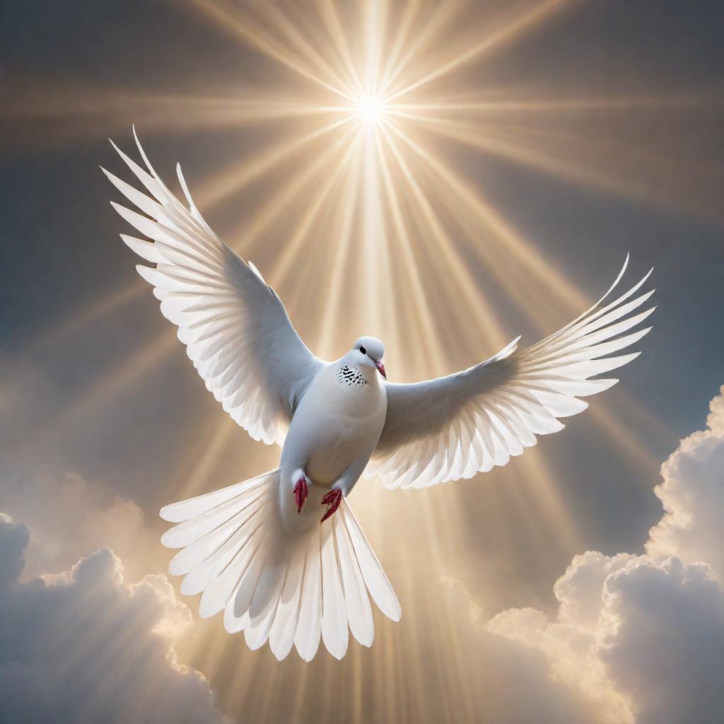  The Holy Spirit represented as a dove emitting a soft, divine glow, surrounded by rays of light. The background should be ethereal and heavenly, creating a feeling of peace and holiness. hyperrealistic, full body, detailed clothing, highly detailed, cinematic lighting, stunningly beautiful, intricate, sharp focus, f/1. 8, 85mm, (centered image composition), (professionally color graded), ((bright soft diffused light)), volumetric fog, trending on instagram, trending on tumblr, HDR 4K, 8K