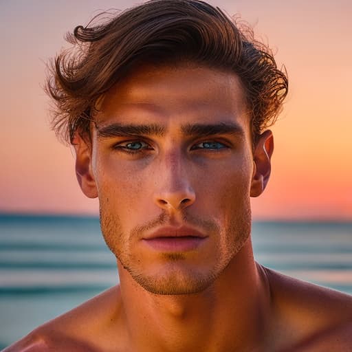 portrait+ style Highly detailed nude portrait of a male model on the beach at Sunset so gorgeous and so masculine but yet he has a cute smile  and feminine