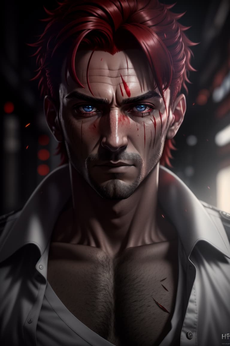  ((((masterpiece)))), best quality, very high resolution, ultra detailed, in frame, red hair, white shirt, black coat, scar on left eye, sharp eyes, man, thirties, menacing look, intense gaze, rugged appearance, light, well lighted, unedited DSLR photography, sharp focus, Unreal Engine 5, Octane Render, Redshift, ((cinematic lighting)), f/1.4, ISO 200, 1/160s, 8K, RAW, unedited, in frame