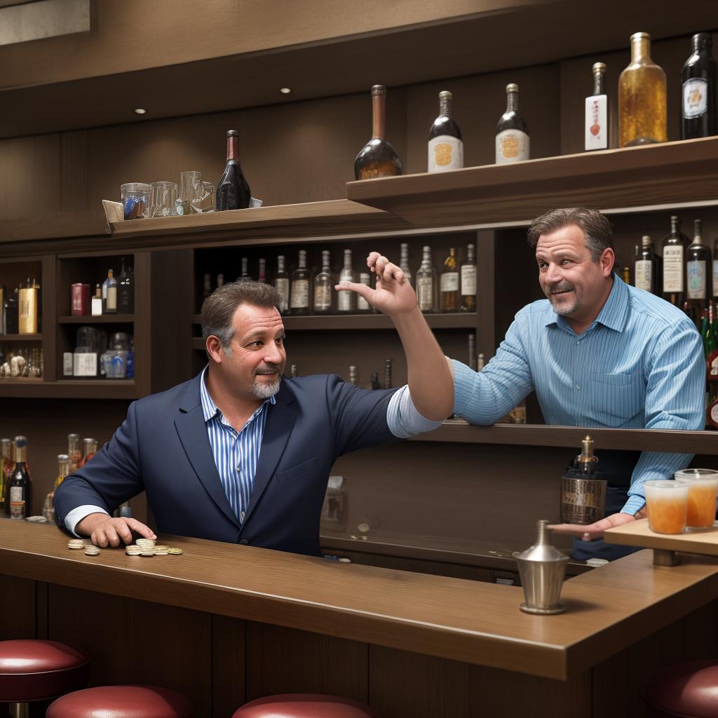  masterpiece, best quality, a middle aged man throws coins behind the counter in a bar