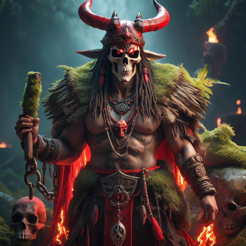  Primitive shaman, evil, aggression, fire everywhere, moss, chains, red neon, animal skull, anime. hyperrealistic, full body, detailed clothing, highly detailed, cinematic lighting, stunningly beautiful, intricate, sharp focus, f/1. 8, 85mm, (centered image composition), (professionally color graded), ((bright soft diffused light)), volumetric fog, trending on instagram, trending on tumblr, HDR 4K, 8K