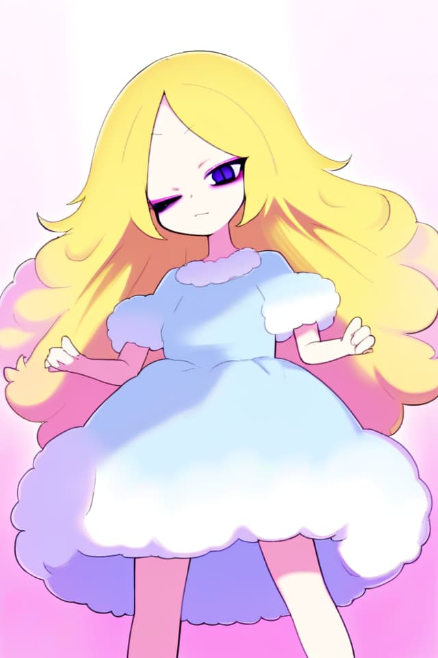  Girl, straight and fluffy hair, yellow hair, pink and purple odd eye, light blue fluffy dress, positive, bright