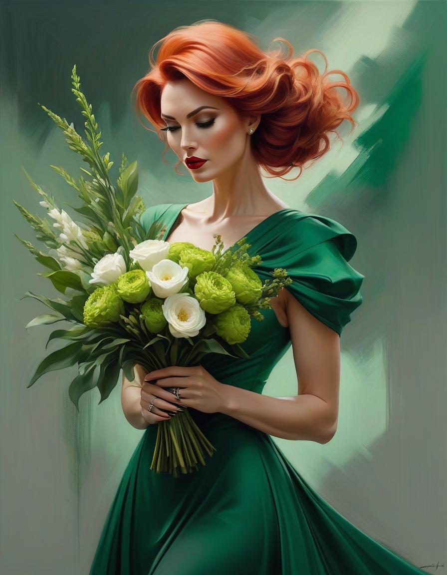  abstract expressionist painting Painting of a woman in a green dress with a bouquet in her hands., stanley artgerm lau, steven artgerm lau, magali villeneuve', graphic artist magali villeneuve, artgerm lau, inspired by Magali Villeneuve, charlie bowater rich deep colors, Stanley Artgerm, red haired goddess, Стиль Stanley Artgermа . energetic brushwork, bold colors, abstract forms, expressive, emotional hyperrealistic, full body, detailed clothing, highly detailed, cinematic lighting, stunningly beautiful, intricate, sharp focus, f/1. 8, 85mm, (centered image composition), (professionally color graded), ((bright soft diffused light)), volumetric fog, trending on instagram, trending on tumblr, HDR 4K, 8K