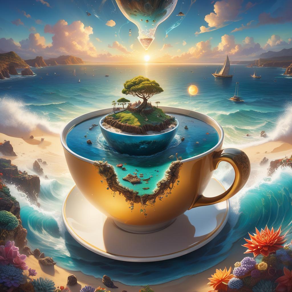  (digital painting, surrealism:1.2), magical world inside a coffee cup, sea and islands floating on the surface, small sun shining above the cup, dreamlike atmosphere, fantastical colors blending seamlessly, swirling lights dancing across the miniature landscape, surreal and enchanting mood, intricate details in every whimsical element, a sense of wonder and magic encapsulated in a single cup hyperrealistic, full body, detailed clothing, highly detailed, cinematic lighting, stunningly beautiful, intricate, sharp focus, f/1. 8, 85mm, (centered image composition), (professionally color graded), ((bright soft diffused light)), volumetric fog, trending on instagram, trending on tumblr, HDR 4K, 8K