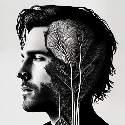 dublex style b&w drawing human, leafs are the hair, roots are the beard, sun is the left eye, moon is the right eye. Neon lighting, multicolor, nature inside