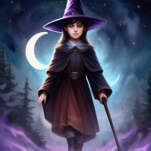  watercolor, storybook, child-book, witch, A young Caucasian boy with brown hair wearing a purple magic hat and holding a red broom, night sky with a crescent moon and yellow stars in the background., best quality, very detailed, high resolution, sharp, sharp image hyperrealistic, full body, detailed clothing, highly detailed, cinematic lighting, stunningly beautiful, intricate, sharp focus, f/1. 8, 85mm, (centered image composition), (professionally color graded), ((bright soft diffused light)), volumetric fog, trending on instagram, trending on tumblr, HDR 4K, 8K
