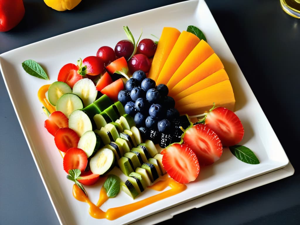  A beautifully plated dish featuring a vibrant array of colorful fruits and vegetables meticulously arranged in an artistic and appetizing manner. The focus is on the intricate details of the food presentation, showcasing a perfect balance of textures, shapes, and colors that evoke a sense of culinary excellence and creativity. The minimalistic design highlights the natural beauty of the ingredients and the skillful craftsmanship behind the dish, making it a visually captivating and inspiring image for the article. hyperrealistic, full body, detailed clothing, highly detailed, cinematic lighting, stunningly beautiful, intricate, sharp focus, f/1. 8, 85mm, (centered image composition), (professionally color graded), ((bright soft diffused light)), volumetric fog, trending on instagram, trending on tumblr, HDR 4K, 8K