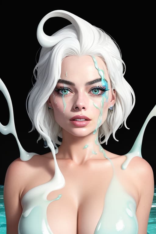  Margot Robbie on with ((white hair)) with (((white)))((goo slime)) ((on her face)), Naked,, shocked