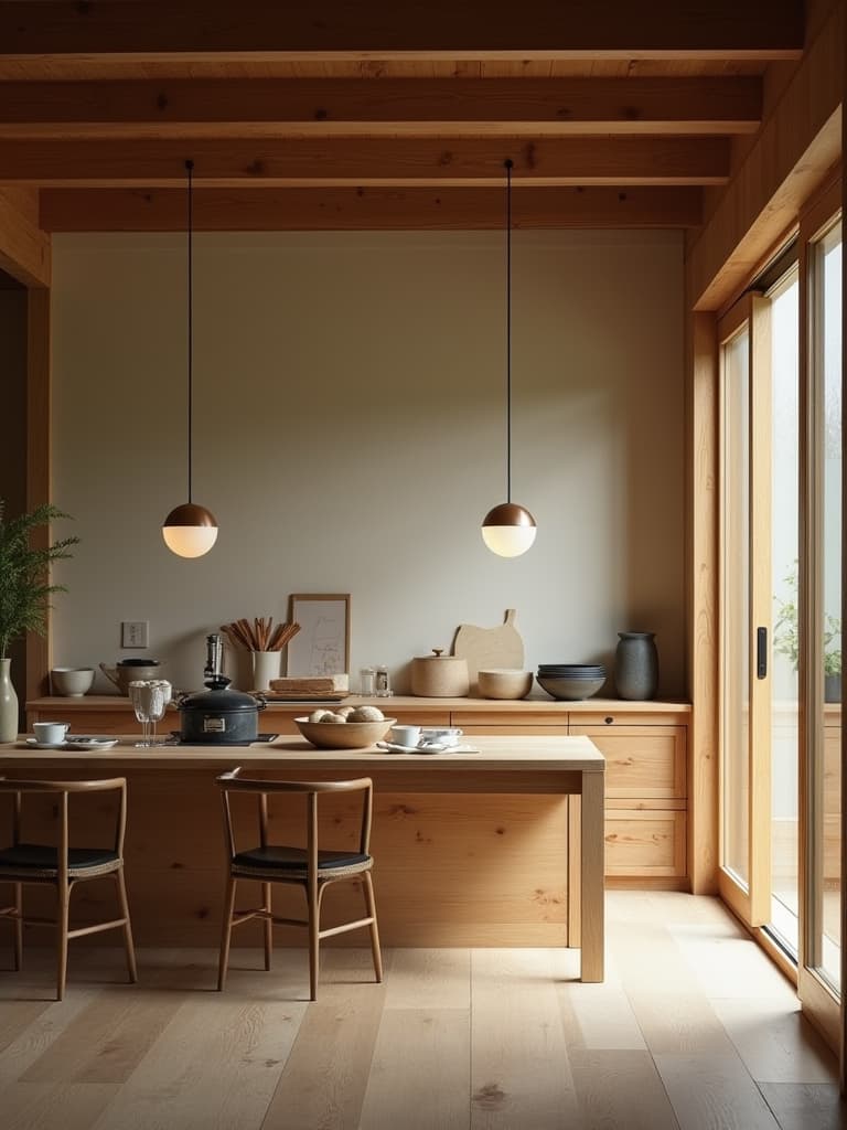  this masterpiece+ is an unedited 8k photograph of a kitchen, styled as the heart of the home where meals are prepared, captured in a japanese style that emphasizes simplicity, minimalism, and harmony with nature. the photo, styled after ansel adams, showcases intricate, hyperrealistic details with professional+ photorealistic++ quality. it features a bright, soft diffused dusk light, enhancing the stunningly beautiful and tranquil atmosphere. shot with an iconic leica m3 rangefinder and a 100mm f2.8 telephoto lens, this image includes japanese wabi sabi decorations, creating a clean, understated style with a focus on simplicity, using neutral tones and sparse composition. the result is a highly detailed, professionally color graded image th