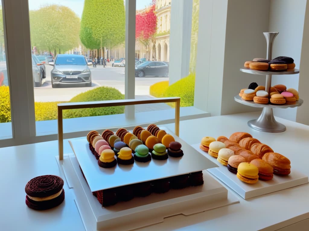  A beautifully minimalist and highly detailed image of a traditional French patisserie kitchen, showcasing an array of meticulously crafted pastries and confections. The scene features a pristine marble countertop adorned with delicate macarons, flaky croissants, colorful tarts, and elegant cakes, all exquisitely presented on sleek white plates and stands. Soft natural light filters through a large window, casting a warm glow over the scene and highlighting the intricate textures and vibrant colors of the pastries. The overall aesthetic is elegant, refined, and inviting, evoking a sense of the artistry and craftsmanship synonymous with traditional French pastry making. hyperrealistic, full body, detailed clothing, highly detailed, cinematic lighting, stunningly beautiful, intricate, sharp focus, f/1. 8, 85mm, (centered image composition), (professionally color graded), ((bright soft diffused light)), volumetric fog, trending on instagram, trending on tumblr, HDR 4K, 8K