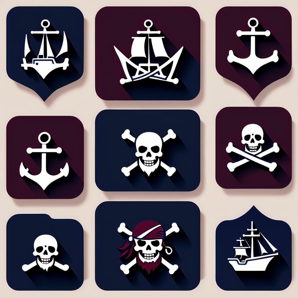  Icons and markers for Strimer at different levels, in a pirate style, bordeaux and navy blue colors.