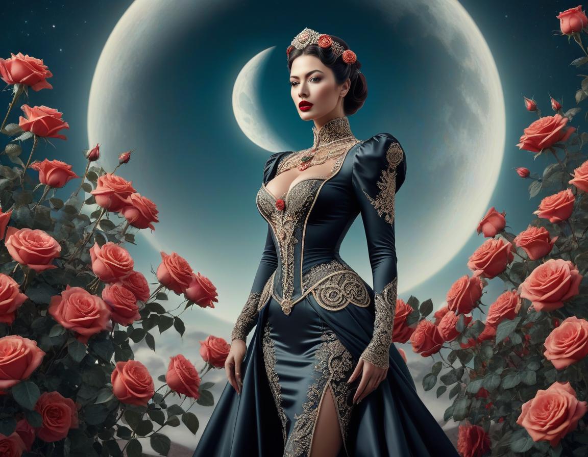  surrealist art An elaborate digital artwork of a woman in vintage attire with roses and a lunar backdrop. . dreamlike, mysterious, provocative, symbolic, intricate, detailed hyperrealistic, full body, detailed clothing, highly detailed, cinematic lighting, stunningly beautiful, intricate, sharp focus, f/1. 8, 85mm, (centered image composition), (professionally color graded), ((bright soft diffused light)), volumetric fog, trending on instagram, trending on tumblr, HDR 4K, 8K