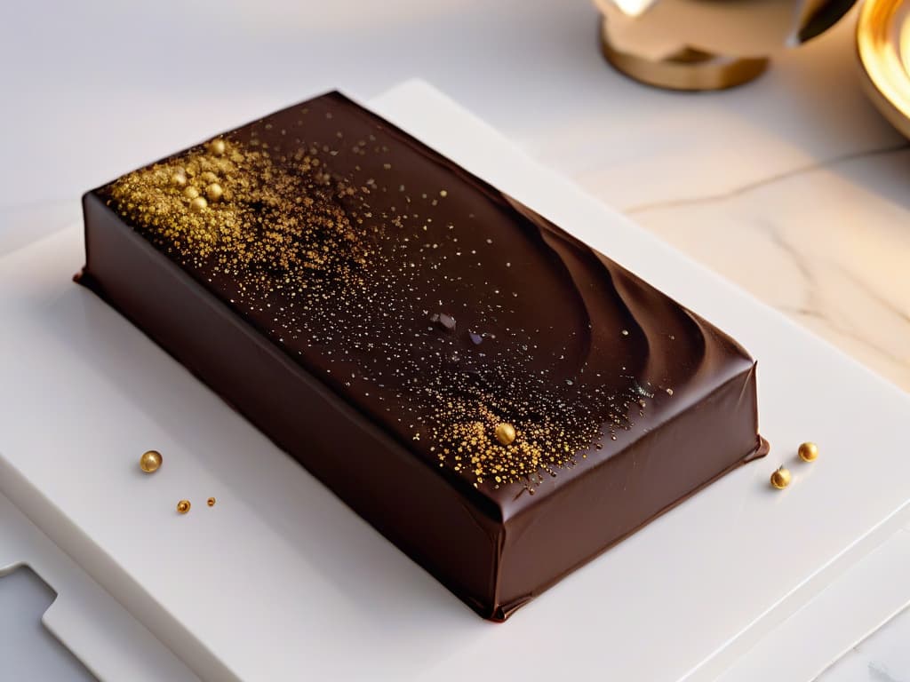  A closeup, ultradetailed image of a shiny, perfectly tempered chocolate bar resting on a marble surface, reflecting soft ambient light to highlight its smooth surface and crisp snap when broken. The chocolate is embellished with delicate, minimalist cocoa nibs and a dusting of gold flakes, exuding an air of sophistication and precision. hyperrealistic, full body, detailed clothing, highly detailed, cinematic lighting, stunningly beautiful, intricate, sharp focus, f/1. 8, 85mm, (centered image composition), (professionally color graded), ((bright soft diffused light)), volumetric fog, trending on instagram, trending on tumblr, HDR 4K, 8K