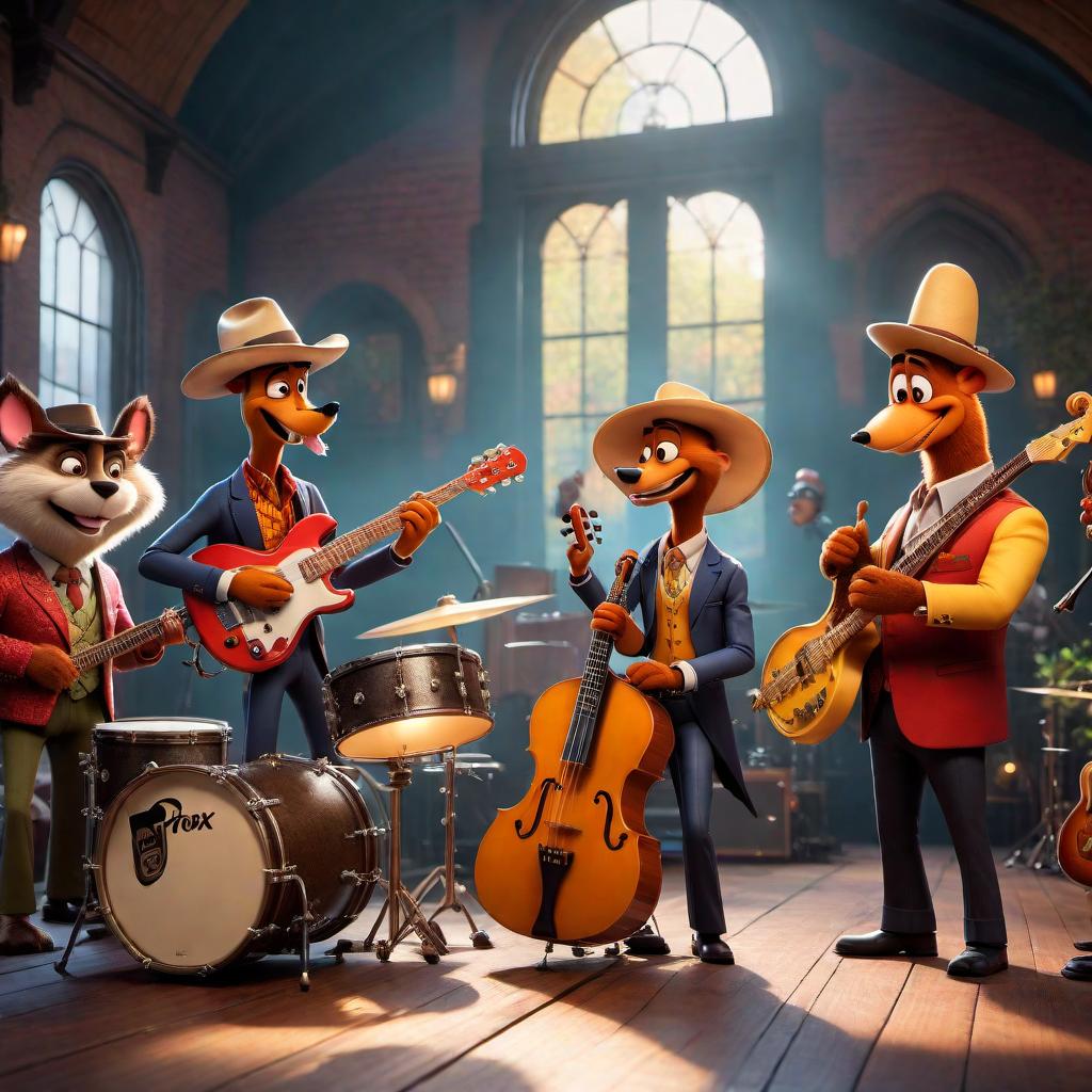  a Pixar style animated funk band, featuring anthropomorphic characters as musicians, playing various instruments like guitar, bass, drums, and saxophone, in a lively and colorful setting, with a cheerful and engaging atmosphere hyperrealistic, full body, detailed clothing, highly detailed, cinematic lighting, stunningly beautiful, intricate, sharp focus, f/1. 8, 85mm, (centered image composition), (professionally color graded), ((bright soft diffused light)), volumetric fog, trending on instagram, trending on tumblr, HDR 4K, 8K