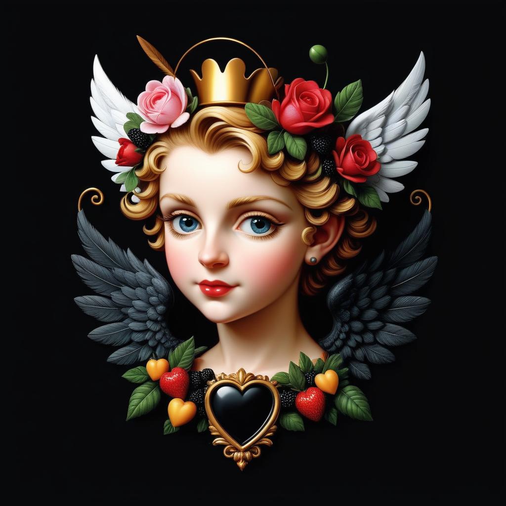  Create a unique logo with black background, Cupid, style Giuseppe Arcimboldo
