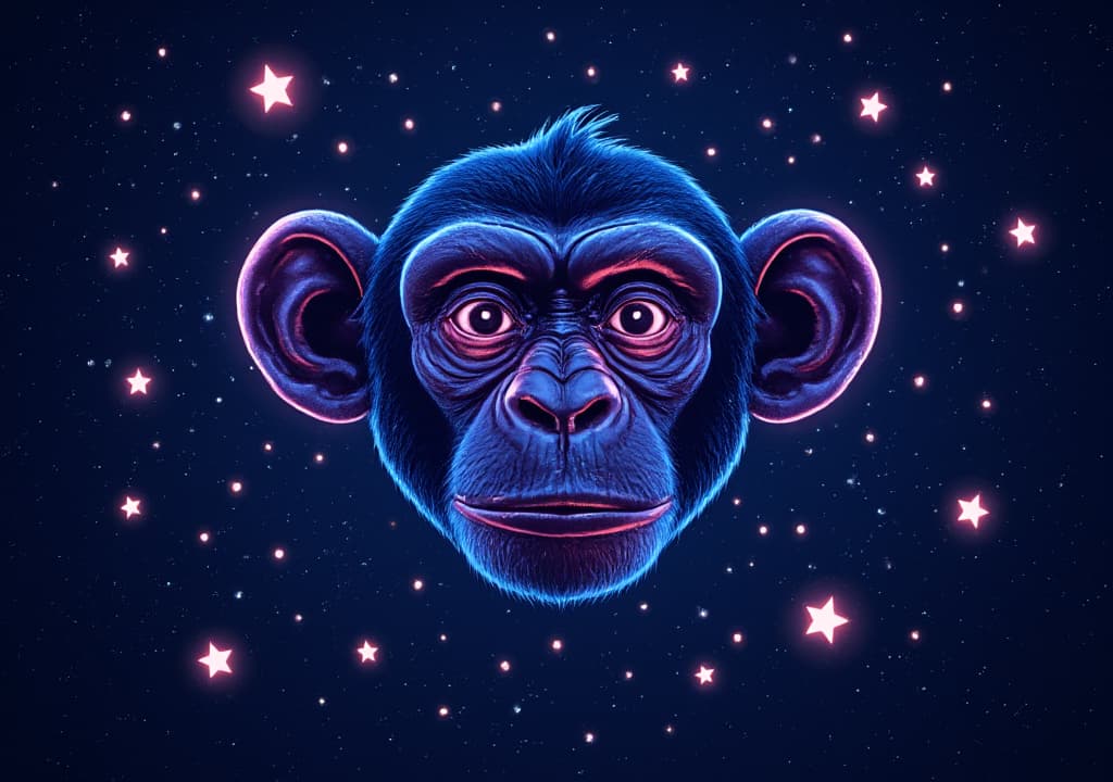  good quality, high quality, neon monkey face with bright eyes, floating through a whimsical starry sky, curious and lively