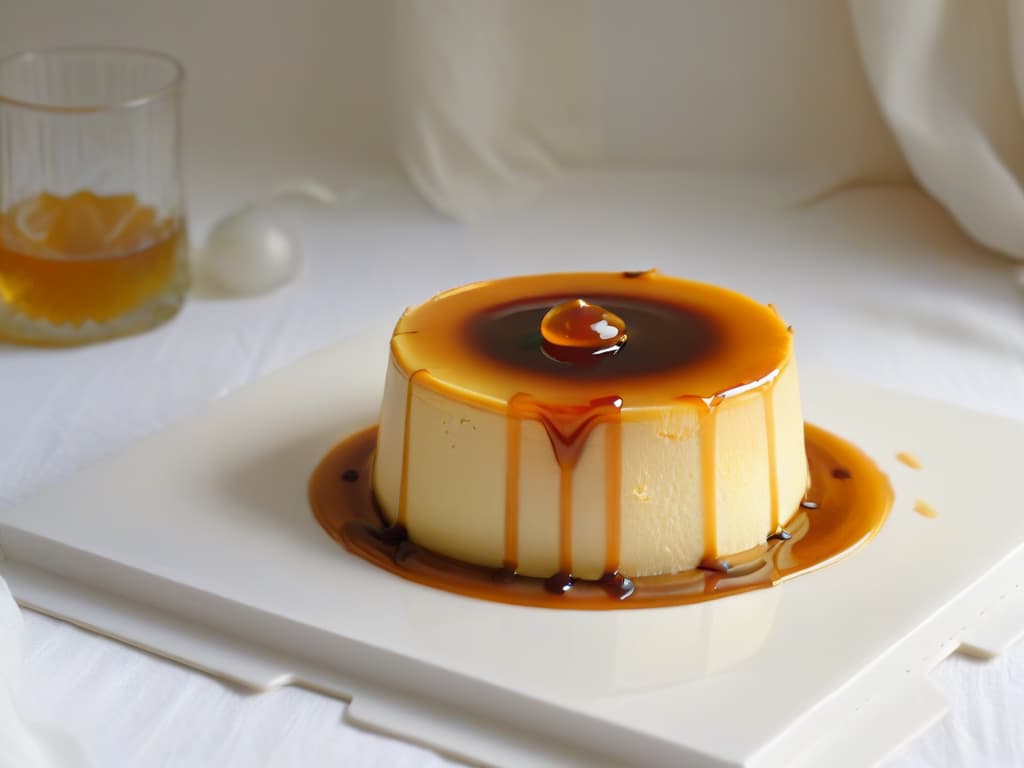  A minimalist image of a creamy, golden flan resting elegantly on a delicate white porcelain plate, drizzled with a whisper of caramel sauce that gently cascades down the sides in a perfect, glossy ribbon. The flan sits atop a light, airy linen tablecloth, the soft natural light filtering through a nearby window casting a gentle glow on its smooth surface, highlighting its inviting texture and irresistible allure. hyperrealistic, full body, detailed clothing, highly detailed, cinematic lighting, stunningly beautiful, intricate, sharp focus, f/1. 8, 85mm, (centered image composition), (professionally color graded), ((bright soft diffused light)), volumetric fog, trending on instagram, trending on tumblr, HDR 4K, 8K