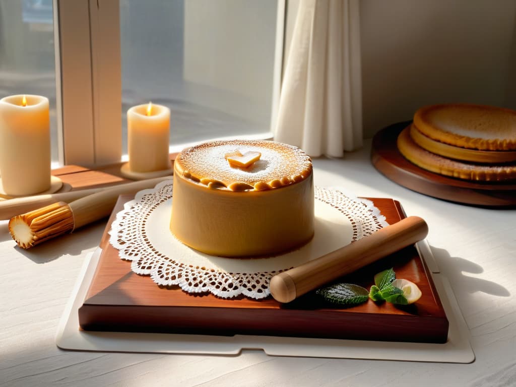  An ultradetailed 8k image of a serene, minimalist kitchen counter with a vintage wooden rolling pin, a delicate lace doily, and a stack of antique recipe cards featuring traditional dessert recipes like flan and churros. The soft natural light filtering through a nearby window casts a warm glow on the items, highlighting their textures and intricate details. The composition exudes a sense of nostalgia and craftsmanship, inviting viewers to step into a world where timehonored baking techniques are cherished and preserved. hyperrealistic, full body, detailed clothing, highly detailed, cinematic lighting, stunningly beautiful, intricate, sharp focus, f/1. 8, 85mm, (centered image composition), (professionally color graded), ((bright soft diffused light)), volumetric fog, trending on instagram, trending on tumblr, HDR 4K, 8K