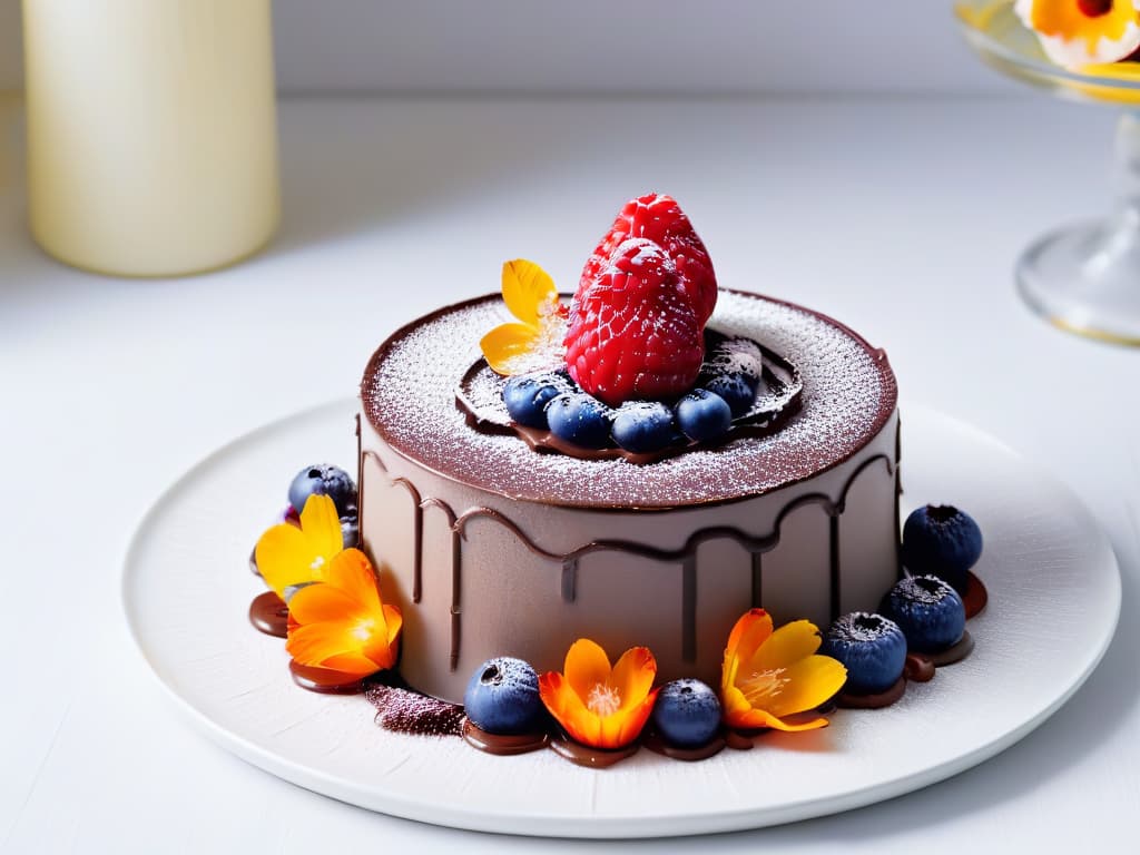  A closeup, ultradetailed image of a delicate, multilayered dessert masterpiece with intricate chocolate decorations on top, surrounded by vibrant fresh berries and edible flowers, set on a minimalistic, elegant plate. The dessert is perfectly lit, showcasing the glossy texture of the chocolate and the vibrant colors of the fruits, creating a visually stunning and mouthwatering composition that exudes sophistication and creativity. hyperrealistic, full body, detailed clothing, highly detailed, cinematic lighting, stunningly beautiful, intricate, sharp focus, f/1. 8, 85mm, (centered image composition), (professionally color graded), ((bright soft diffused light)), volumetric fog, trending on instagram, trending on tumblr, HDR 4K, 8K