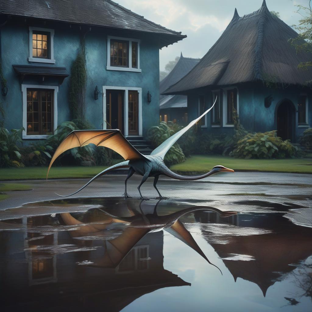  ethereal fantasy concept art of Oil painting. Ancient pterodactyl on a puddle next to a modern house. Nearby, a woman. . magnificent, celestial, ethereal, painterly, epic, majestic, magical, fantasy art, cover art, dreamy hyperrealistic, full body, detailed clothing, highly detailed, cinematic lighting, stunningly beautiful, intricate, sharp focus, f/1. 8, 85mm, (centered image composition), (professionally color graded), ((bright soft diffused light)), volumetric fog, trending on instagram, trending on tumblr, HDR 4K, 8K