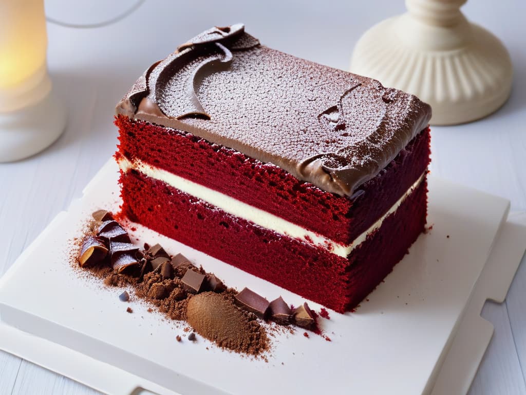  A closeup, ultradetailed image of a single vibrant red velvet cake slice, showcasing the moist, velvety texture of the cake crumb and the rich, deep red hue of the layers. The slice sits elegantly on a sleek, white porcelain plate, with a dusting of fine cocoa powder on top, adding a touch of contrast and sophistication. The lighting is soft, highlighting the intricate details of the cake's texture and color, making it an enticing and visually appealing focal point. hyperrealistic, full body, detailed clothing, highly detailed, cinematic lighting, stunningly beautiful, intricate, sharp focus, f/1. 8, 85mm, (centered image composition), (professionally color graded), ((bright soft diffused light)), volumetric fog, trending on instagram, trending on tumblr, HDR 4K, 8K