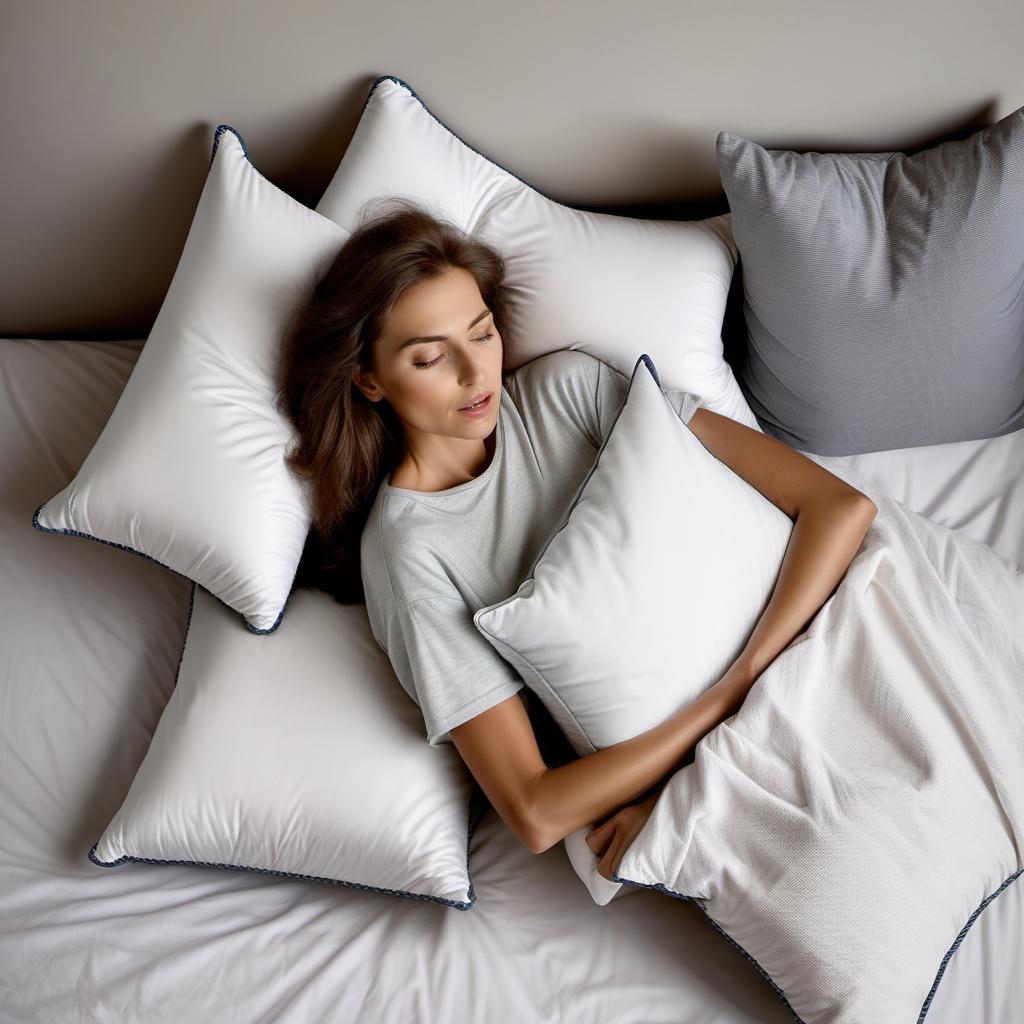  Woman in topic on pillow with mini in bed