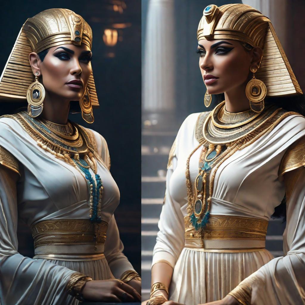  Cleopatra hyperrealistic, full body, detailed clothing, highly detailed, cinematic lighting, stunningly beautiful, intricate, sharp focus, f/1. 8, 85mm, (centered image composition), (professionally color graded), ((bright soft diffused light)), volumetric fog, trending on instagram, trending on tumblr, HDR 4K, 8K