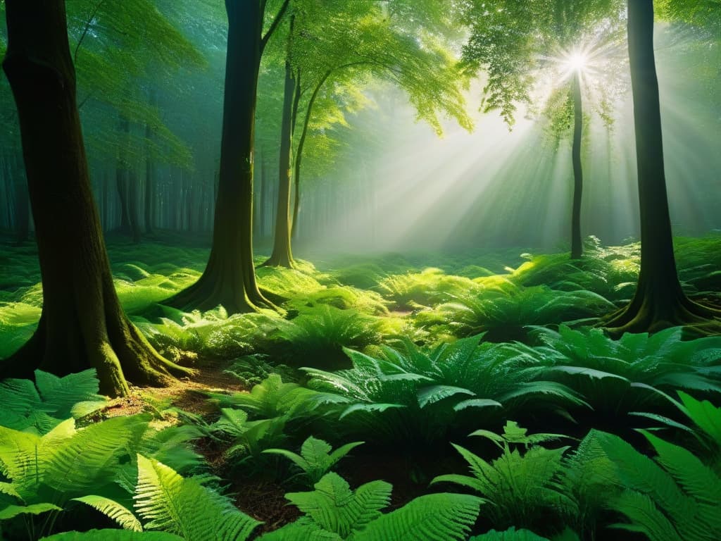  A stunningly detailed and ultrarealistic image of a lush, green forest with sunlight filtering through the canopy, casting intricate patterns on the forest floor. The vibrant colors of the foliage, the rich textures of the trees, and the play of light and shadows create a mesmerizing scene that embodies the beauty and importance of sustainable practices in preserving our natural environment. hyperrealistic, full body, detailed clothing, highly detailed, cinematic lighting, stunningly beautiful, intricate, sharp focus, f/1. 8, 85mm, (centered image composition), (professionally color graded), ((bright soft diffused light)), volumetric fog, trending on instagram, trending on tumblr, HDR 4K, 8K