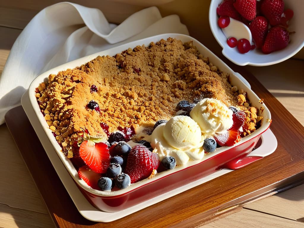  A photorealistic image of a rustic wooden table adorned with a freshly baked red berry crumble. The crumble is golden brown and crispy on top, with a medley of strawberries, raspberries, and blueberries peeking out from underneath. A scoop of creamy vanilla ice cream is melting slightly on top of the warm crumble, creating a mouthwatering contrast of temperatures. Sunlight streams in from a nearby window, casting a warm glow on the dessert and highlighting the juicy berries. This image captures the essence of a cozy autumn day, perfect for enjoying a comforting homemade treat. hyperrealistic, full body, detailed clothing, highly detailed, cinematic lighting, stunningly beautiful, intricate, sharp focus, f/1. 8, 85mm, (centered image composition), (professionally color graded), ((bright soft diffused light)), volumetric fog, trending on instagram, trending on tumblr, HDR 4K, 8K