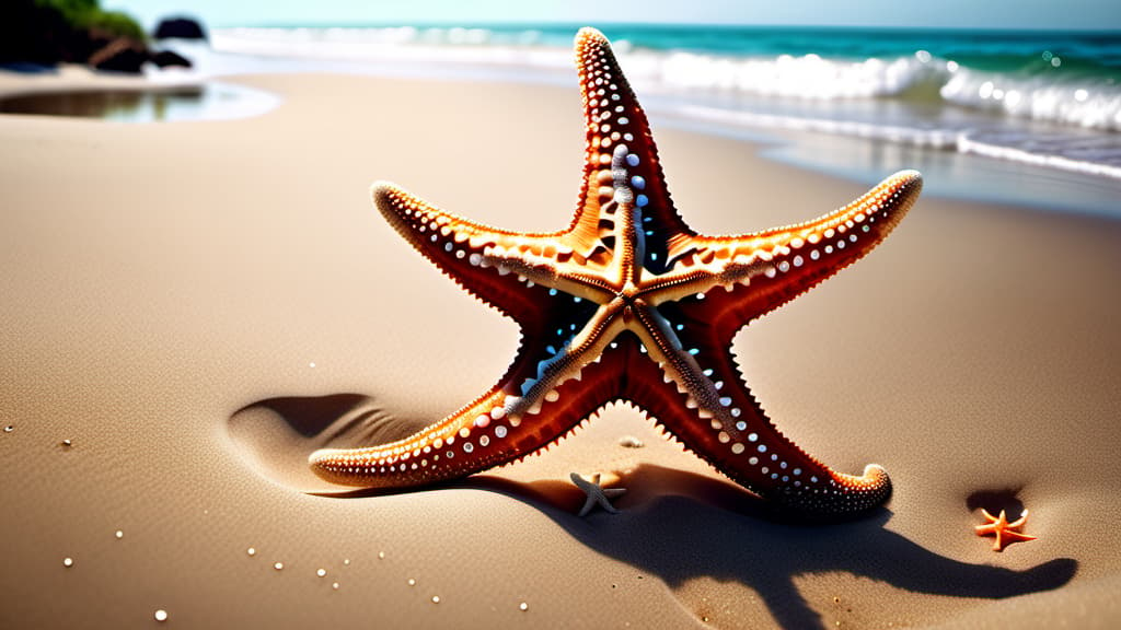 A severed arm of a starfish lying on a sandy ocean floor, beginning to self-regenerate.  , ((realistic)), ((masterpiece)), focus on detailed clothing and atmosphere of the surroundings. Soft and natural lights.