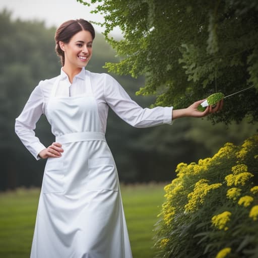  * show me a picture of the young Amish girl, Lydia Gundy**Lydia pauses her picking and offers a beautiful smile showing off her soft, full lips.* "You'd like?" *In front of him Lydia presents an apron over a plain white long-sleeve shirt that billows in the breeze as it trails out from under a dark green woolen dress.* "I'm tending to my garden today Dan." hyperrealistic, full body, detailed clothing, highly detailed, cinematic lighting, stunningly beautiful, intricate, sharp focus, f/1. 8, 85mm, (centered image composition), (professionally color graded), ((bright soft diffused light)), volumetric fog, trending on instagram, trending on tumblr, HDR 4K, 8K