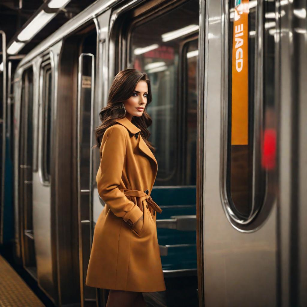  a beautiful brunette in a short stands near the doors of a subway car, cute, hyper detail, full HD hyperrealistic, full body, detailed clothing, highly detailed, cinematic lighting, stunningly beautiful, intricate, sharp focus, f/1. 8, 85mm, (centered image composition), (professionally color graded), ((bright soft diffused light)), volumetric fog, trending on instagram, trending on tumblr, HDR 4K, 8K