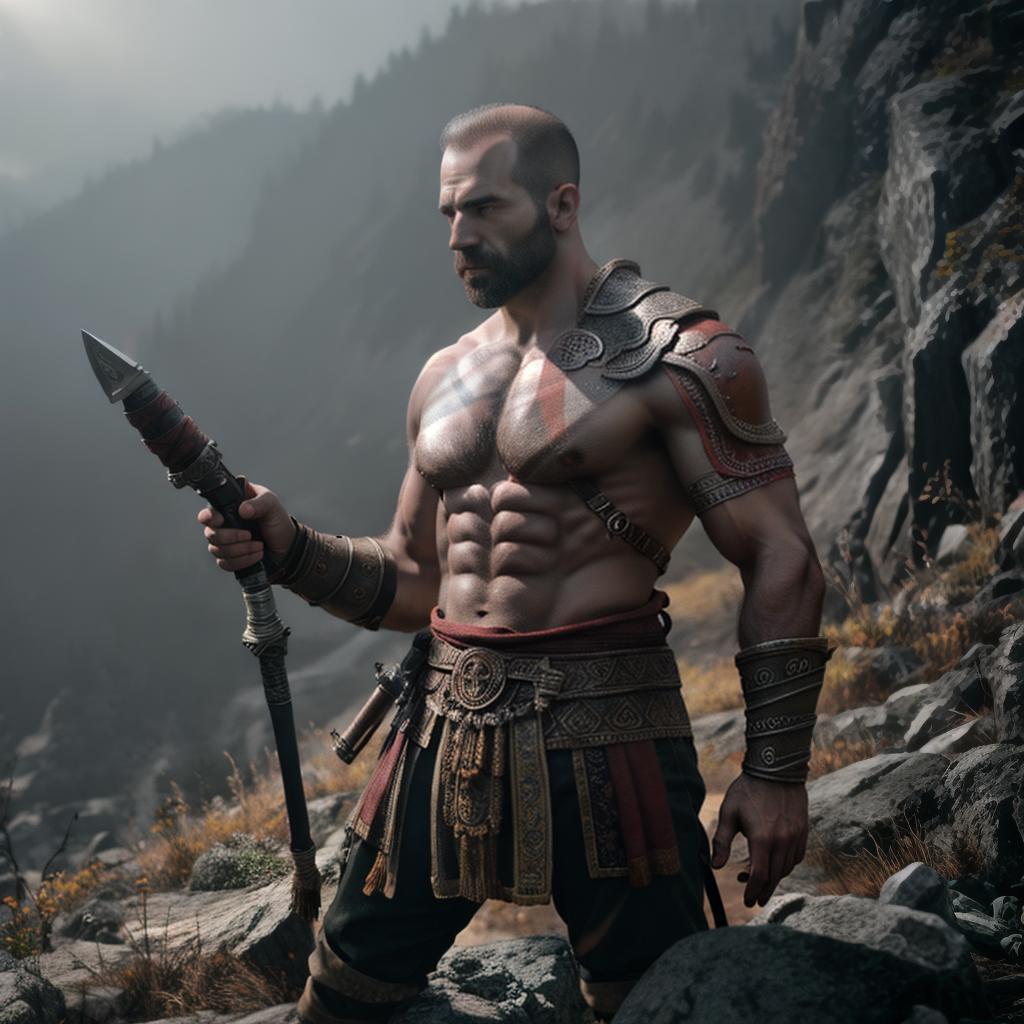  God of war hyperrealistic, full body, detailed clothing, highly detailed, cinematic lighting, stunningly beautiful, intricate, sharp focus, f/1. 8, 85mm, (centered image composition), (professionally color graded), ((bright soft diffused light)), volumetric fog, trending on instagram, trending on tumblr, HDR 4K, 8K