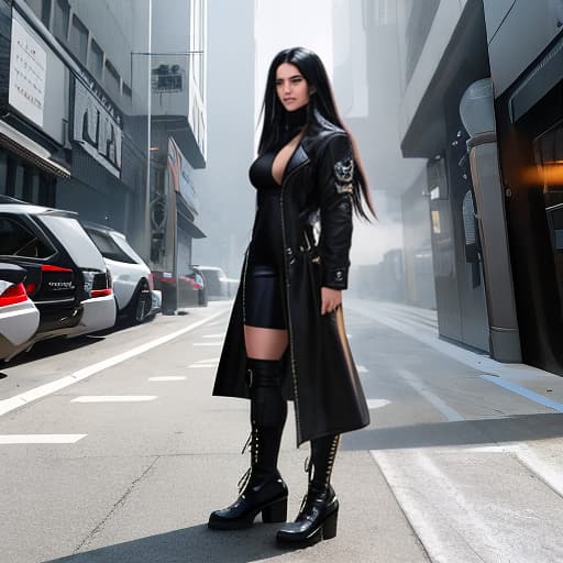  A woman with long hair and a black jacket is looking at the camera. Apply the Following Styles Cyberpunk hyperrealistic, full body, detailed clothing, highly detailed, cinematic lighting, stunningly beautiful, intricate, sharp focus, f/1. 8, 85mm, (centered image composition), (professionally color graded), ((bright soft diffused light)), volumetric fog, trending on instagram, trending on tumblr, HDR 4K, 8K