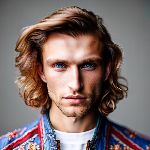 portrait+ style Russian queer supermodel blonde hunk dude face