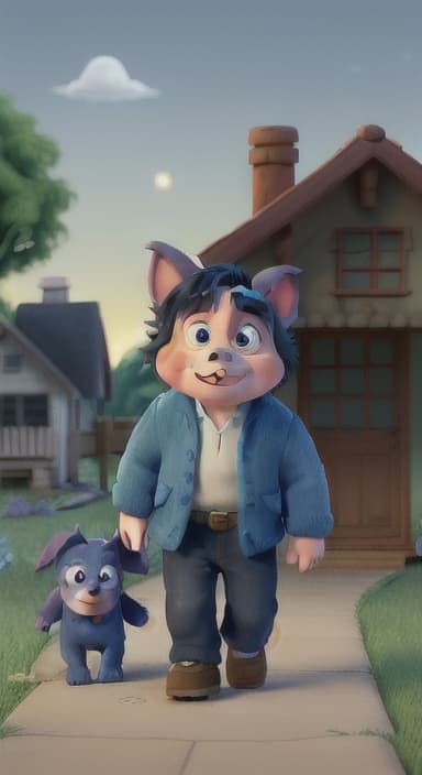  {Max walking back towards the cozy little house with droopy eyes, as twilight falls, The big blue dog is large with sky blue fur, big round eyes, a black nose, and floppy ears.