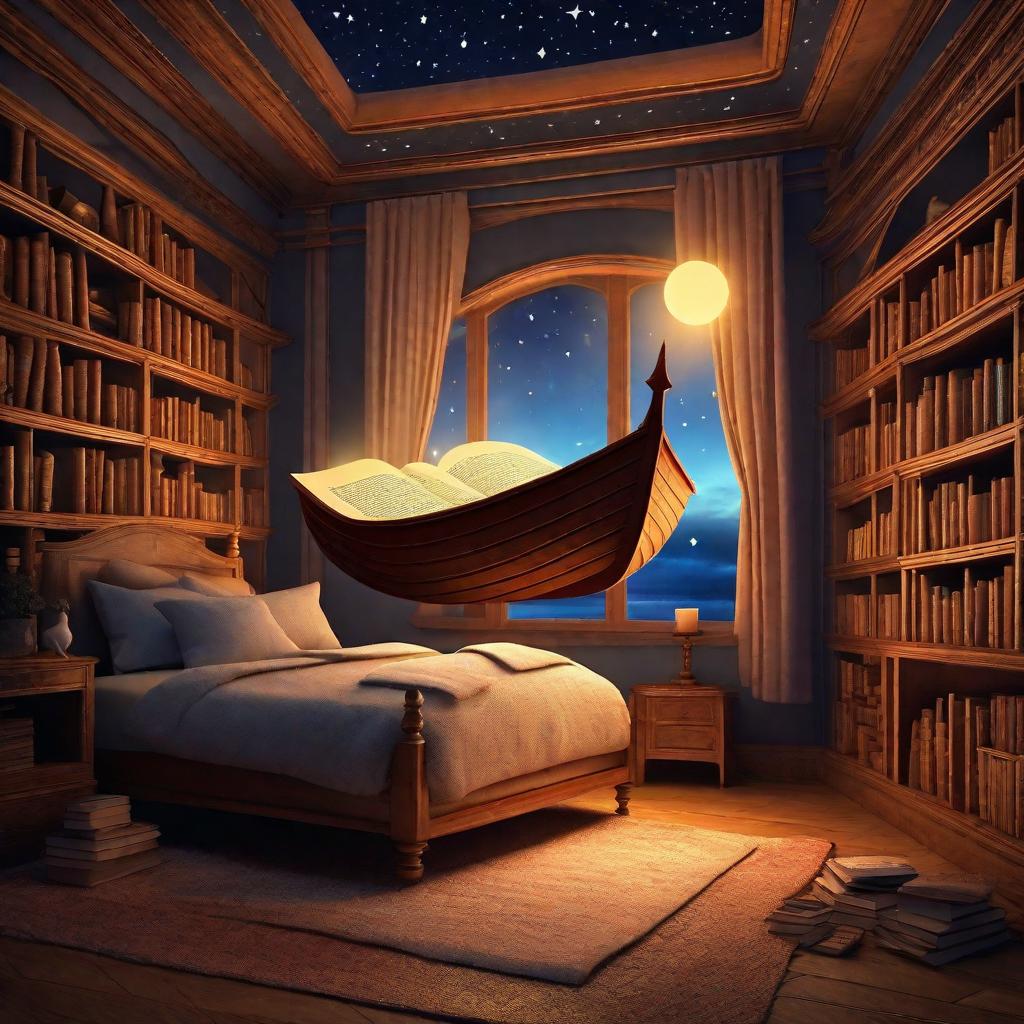  "An enchanting nightfall scene in which a book magically transforms a blanket into a large boat at the center of a tranquil room. The boat is sturdy, emanating a soft, warm glow, and is prepared to embark on an adventure. The sky inside the room has also transformed into a dreamy night sky, alive with twinkling stars, and a moon casting a gentle light over the scene. In the boat, a young child and their mother, both clad in comfy, night-time attire, are ready to set sail. The child and mother are captivated by the magic unfolding and are eager to start their journey towards a mysterious island. The overall tone is whimsical, serene, and filled with wonder, perfectly suited for a children's story."((masterpiece)), best quality, very detailed hyperrealistic, full body, detailed clothing, highly detailed, cinematic lighting, stunningly beautiful, intricate, sharp focus, f/1. 8, 85mm, (centered image composition), (professionally color graded), ((bright soft diffused light)), volumetric fog, trending on instagram, trending on tumblr, HDR 4K, 8K