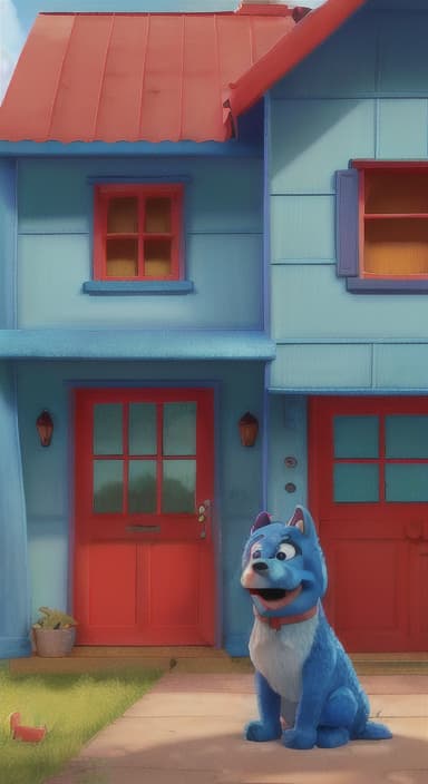  {Max the big blue dog standing in front of a cozy little house with a red door, The big blue dog is large with sky blue fur, big round eyes, a black nose, and floppy ears.