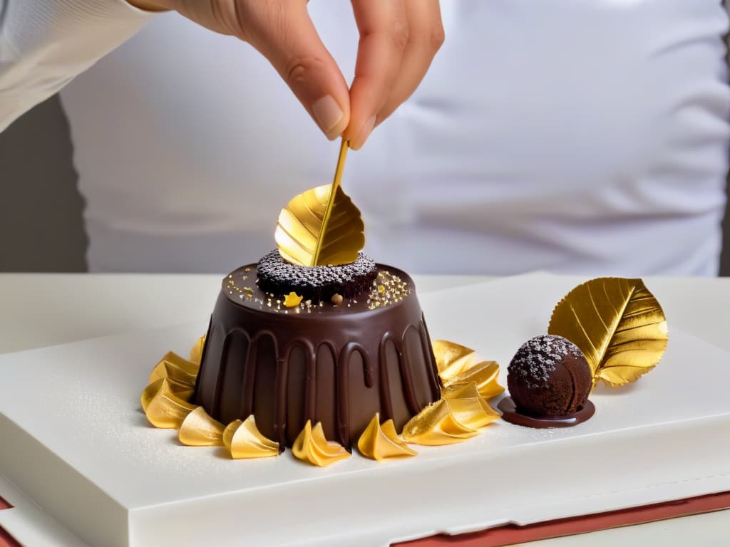  A closeup, ultradetailed image of a hand delicately placing a shimmering gold leaf on top of a decadent chocolate truffle, showcasing the intricate process of creating a luxurious dessert. hyperrealistic, full body, detailed clothing, highly detailed, cinematic lighting, stunningly beautiful, intricate, sharp focus, f/1. 8, 85mm, (centered image composition), (professionally color graded), ((bright soft diffused light)), volumetric fog, trending on instagram, trending on tumblr, HDR 4K, 8K