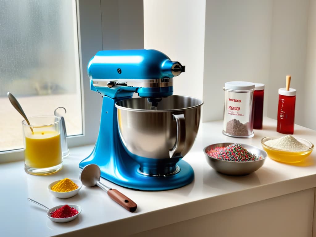  A beautifully detailed and photorealistic image of a sleek, modern kitchen filled with an array of baking ingredients, tools, and gadgets neatly organized on pristine countertops. The sunlight streaming in through a large window highlights the intricate details of a stand mixer, measuring cups, spatulas, and a variety of colorful sprinkles and toppings. The scene exudes a professional and inspiring atmosphere, perfect for capturing the essence of designing and executing pastry recipes. hyperrealistic, full body, detailed clothing, highly detailed, cinematic lighting, stunningly beautiful, intricate, sharp focus, f/1. 8, 85mm, (centered image composition), (professionally color graded), ((bright soft diffused light)), volumetric fog, trending on instagram, trending on tumblr, HDR 4K, 8K