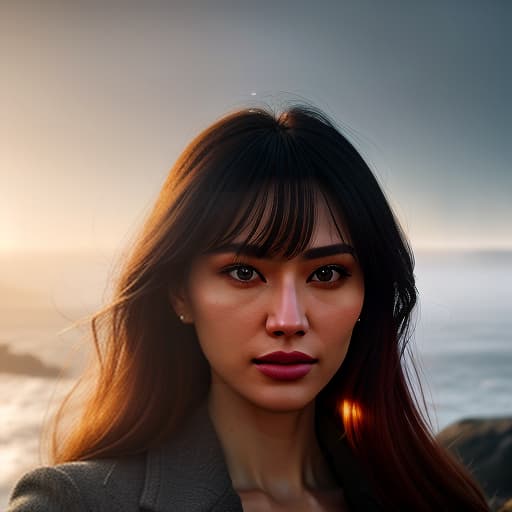  Beautiful girl, photo realism, Sony A6400, seashore, travels, fog, cliffs, evening light, sunset., realistic, detailed, textured, skin, hair, eyes, by Alex Huguet, Mike Hill, Ian Spriggs, JaeCheol Park, Marek Denko hyperrealistic, full body, detailed clothing, highly detailed, cinematic lighting, stunningly beautiful, intricate, sharp focus, f/1. 8, 85mm, (centered image composition), (professionally color graded), ((bright soft diffused light)), volumetric fog, trending on instagram, trending on tumblr, HDR 4K, 8K