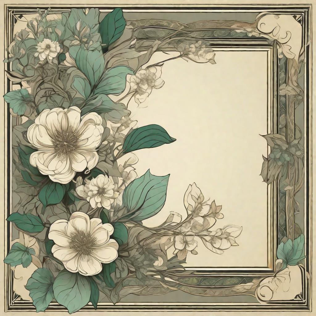  masterpiece, best quality, The image features flowers and leaves in a frame, in the style of dark gray and light emerald, dreamlike illustration, art nouveau - inspired illustrations, song dynasty, square frame, tangled nests, sepia tone --v 5