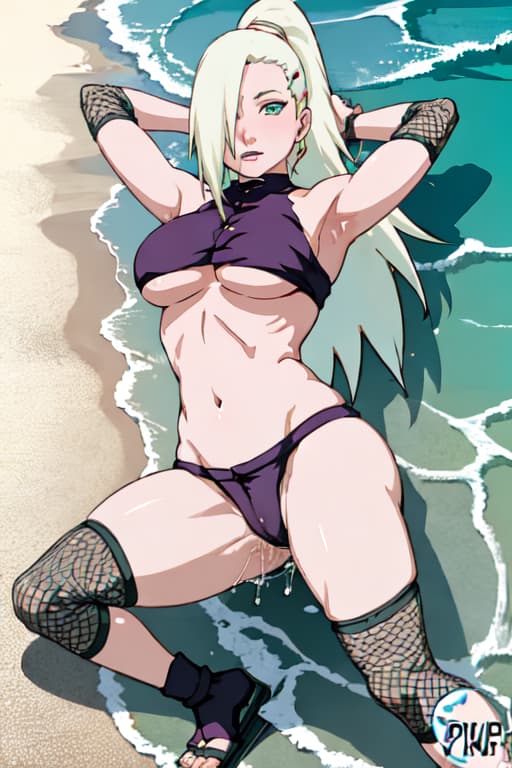  (yamanaka_ino:1.2), hair down,detailed eyes, Perfect features, (masterpiece), (best quality:1.4), absurdres, [:intricate details:0.2], moist skin, shiny skin, glossy skin,ocean_bottom,beach,fat_mons,pussy_juice,fullbody