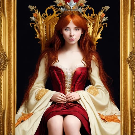  Portrait of a beautiful auburn - haired woman with a guilded crown sitting on a throne with heightened detail