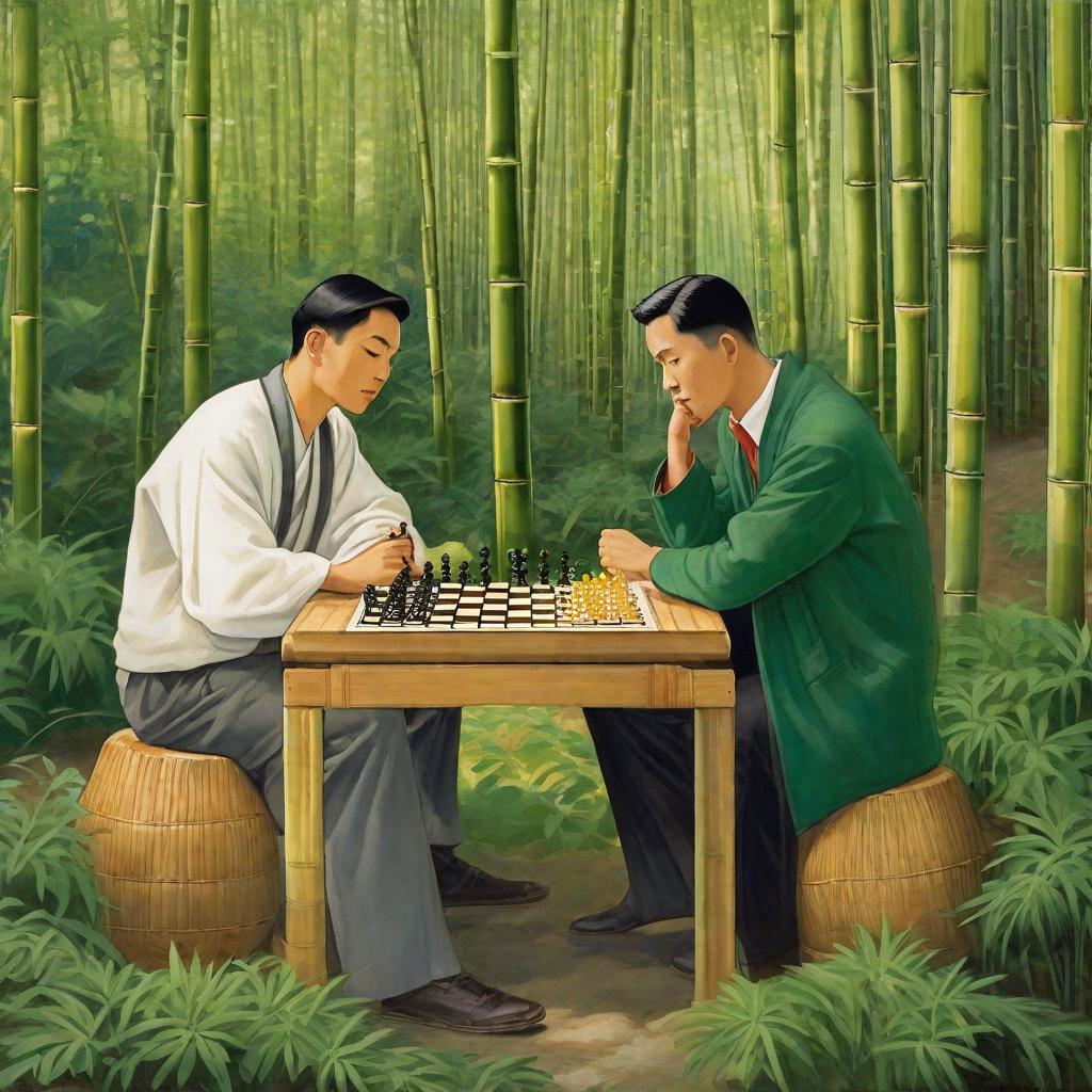  Deep in the bamboo forest, two men sat on a simple bamboo stool, engrossed in playing chess. Their fingers held the pieces nimbly and gently on the board. Next to them, a clear stream flowed, and a breeze blew through, making the leaves rustle as if to add a mysterious atmosphere to their game. The mountains rose and fell in the distance, and the green trees swayed among them. The peaks in the distance were shrouded in a thin white fog, like a fairyland. The sun shone at the foot of the mountain, reflecting a golden light, which made people feel relaxed and happy. The two of them play chess in such a peaceful environment, as if time has stopped. Their eyes are focused on the board, thinking about each move, sometimes touching the pi