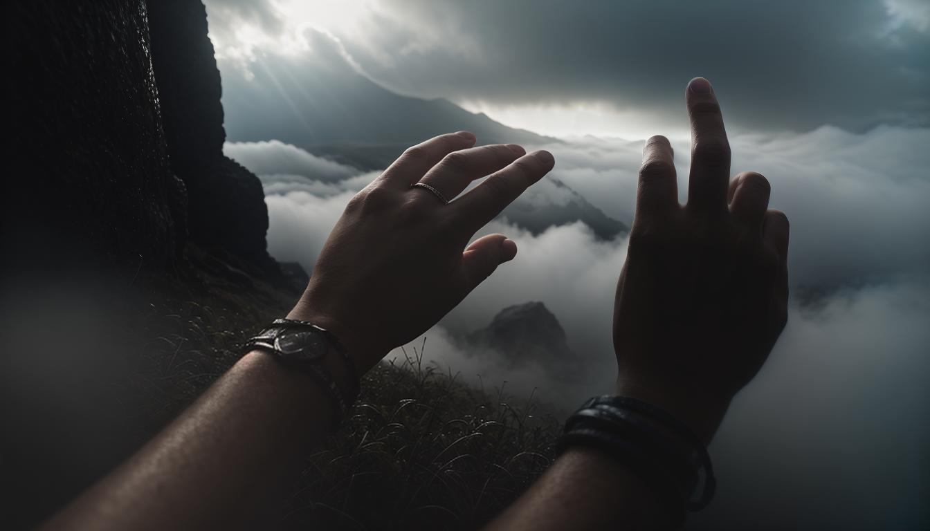  cinematic, aesthetic, Extended hand emerging from swirling mist, fingers detailed and reaching outwards, surrounding empty space, offer of strength and support, hopeful, mysterious, 4k, HDR, lens flare